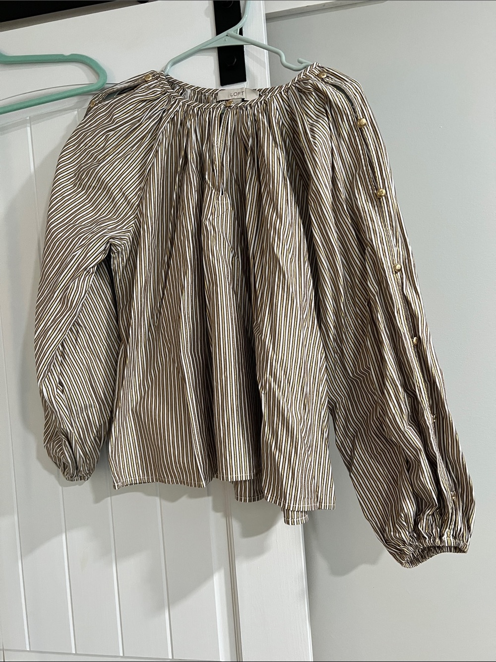 LOFT Beige & White Striped Puff Sleeve Blouse